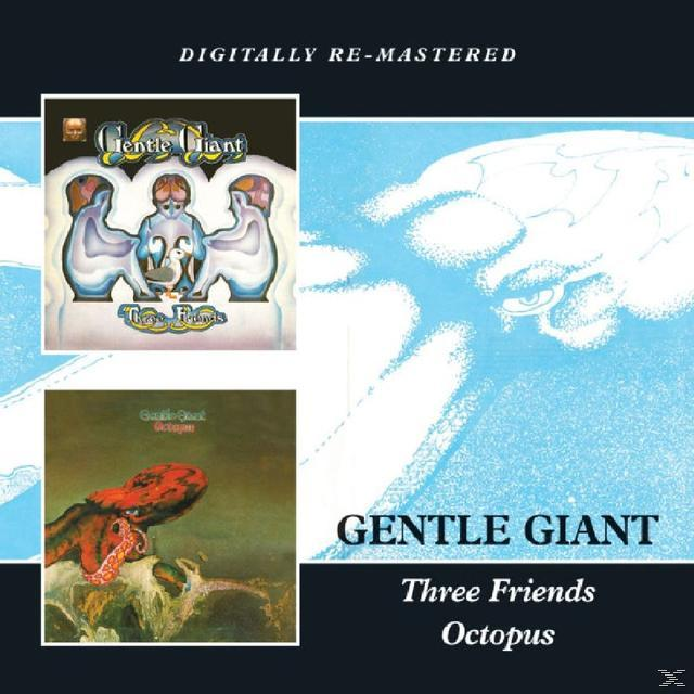 Albumcover mit drei kleineren Albumcovern und dem Text 'Gentle Giant', 'Three Friends', 'Octopus'.