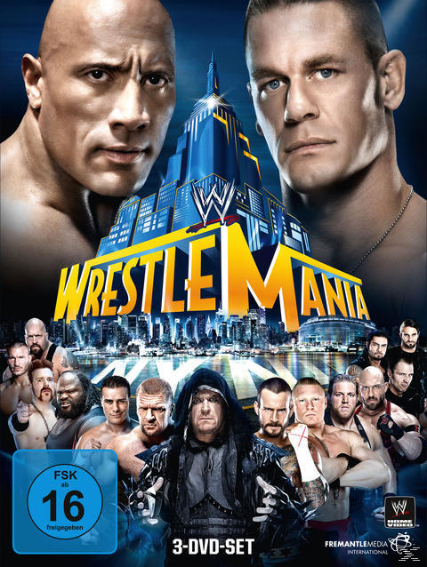 WWE Wrestlemania DVD-Cover. The Rock, John Cena und andere Wrestler sind abgebildet.
