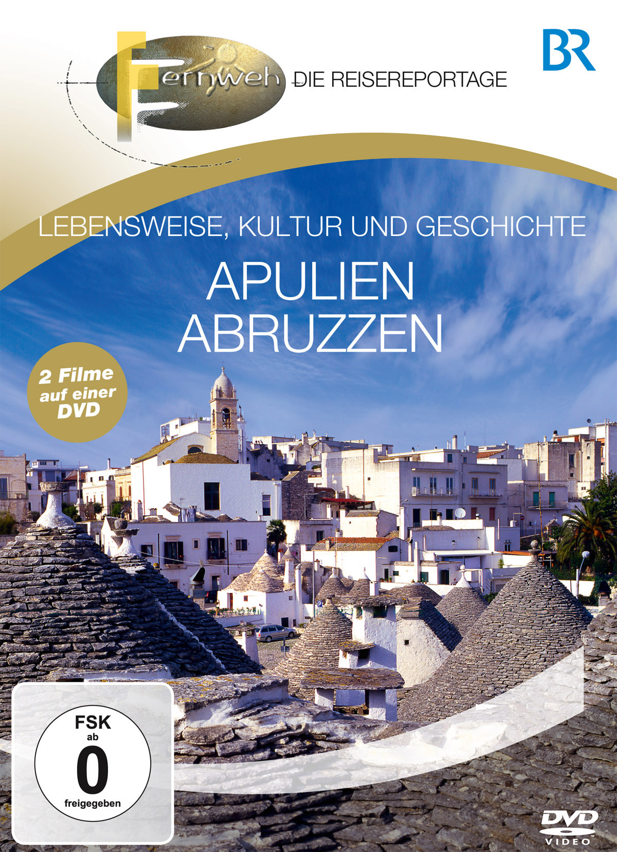 DVD-Cover mit Texten zu Apulien und Abruzzen über einer Stadtlandschaft mit Kegeldächern und blauem Himmel.