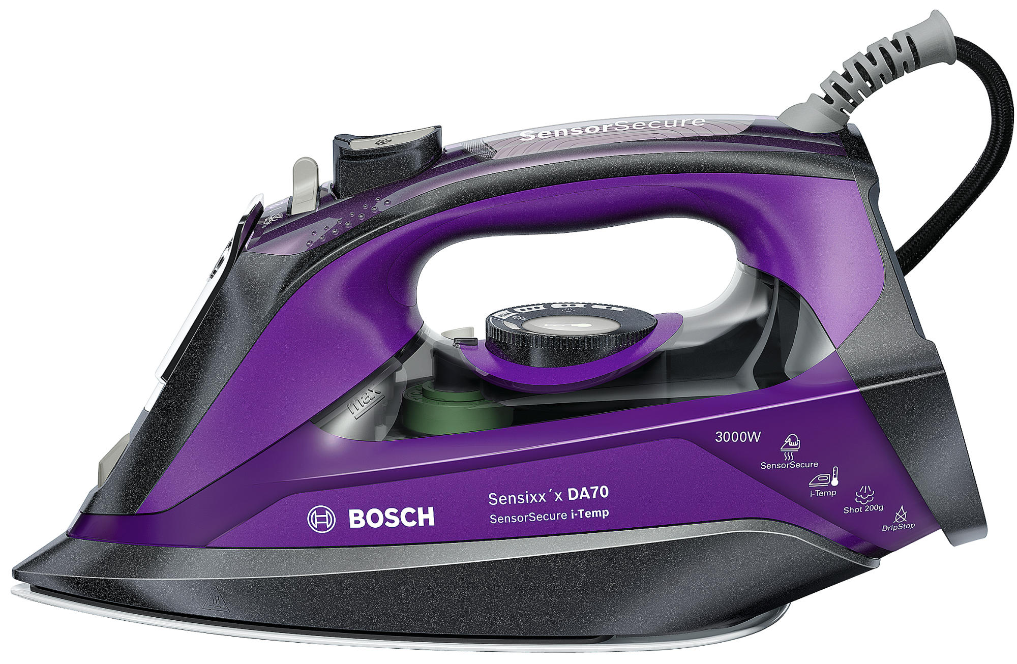 Lila und schwarzes Bosch-Bügeleisen. Es hat eine schwarze Sohle und einen lila Körper. Die Marke ist Bosch.