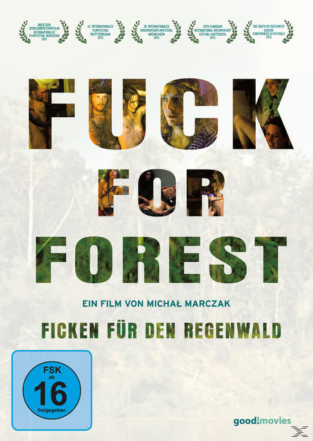 DVD-Cover von Fuck for Forest. Ein Film von Michal Marczak. Menschen in einem Wald. Blaue und grüne Farben.