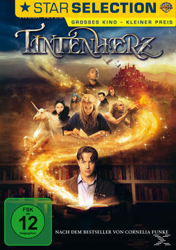 DVD-Cover: 'Tintenherz', mit Schauspielern, Einhorn und Bibliothek im Hintergrund.