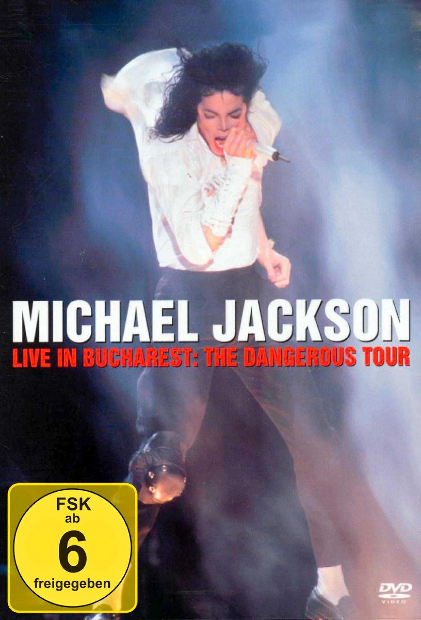 Michael Jackson DVD-Cover: Mann bei Performance, Mikrofon haltend, mit Text und Logo.