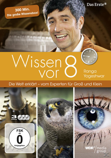 Cover einer Wissen vor 8 DVD. Mann lächelnd, ein Falke und ein Auge mit naturwissenschaftlichen Bildern.