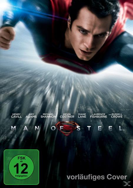 DVD-Cover für 'Man of Steel' mit Superman, der über eine Stadt fliegt.