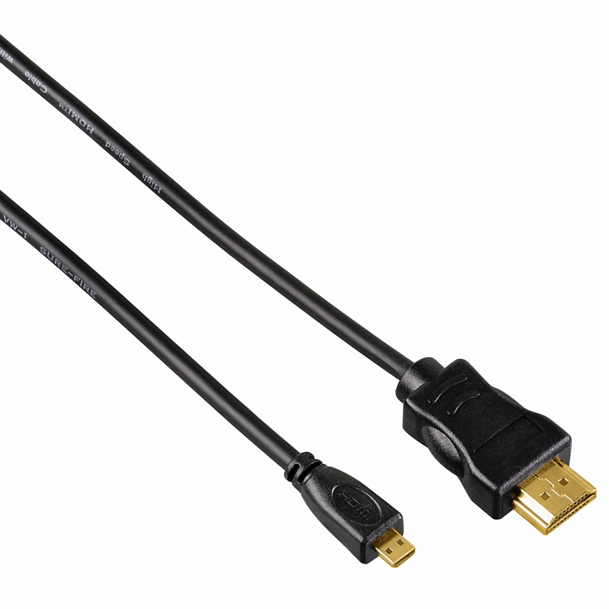 Schwarzes HDMI-Kabel mit einem kleinen Micro-USB- und einem größeren HDMI-Anschluss auf weißem Hintergrund.