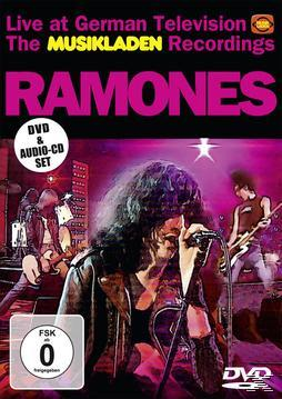 Ramones DVD-Cover. Band tritt auf der Bühne auf, mit 'RAMONES' in Pink.