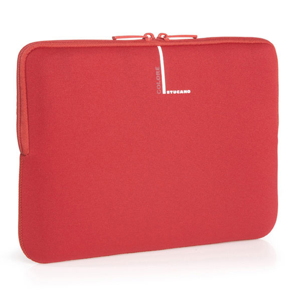 Rote Laptop-Hülle mit Reißverschluss und weißem Logo.