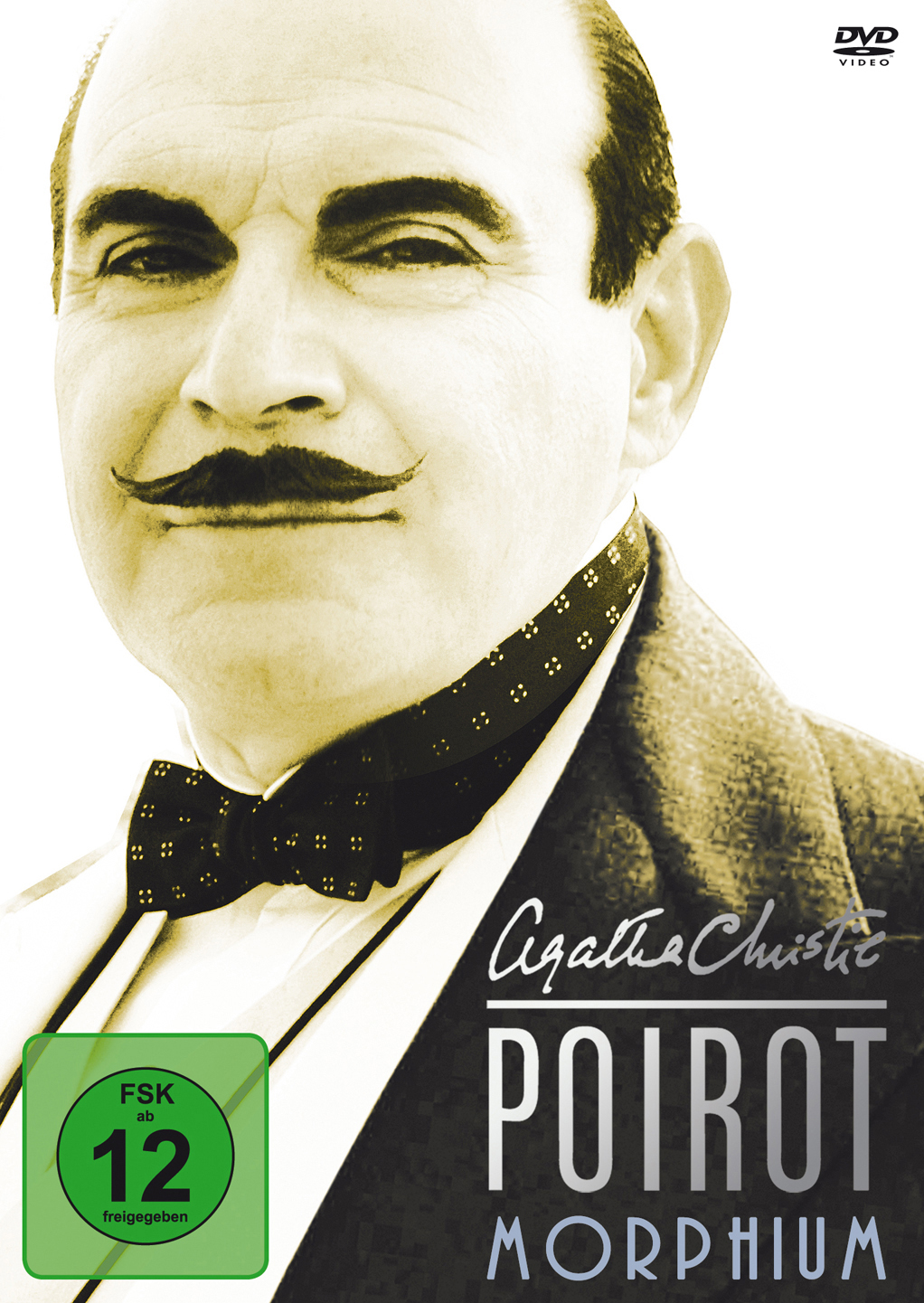 DVD-Cover mit einem Mann im Anzug und Schnurrbart. Text: Poirot.