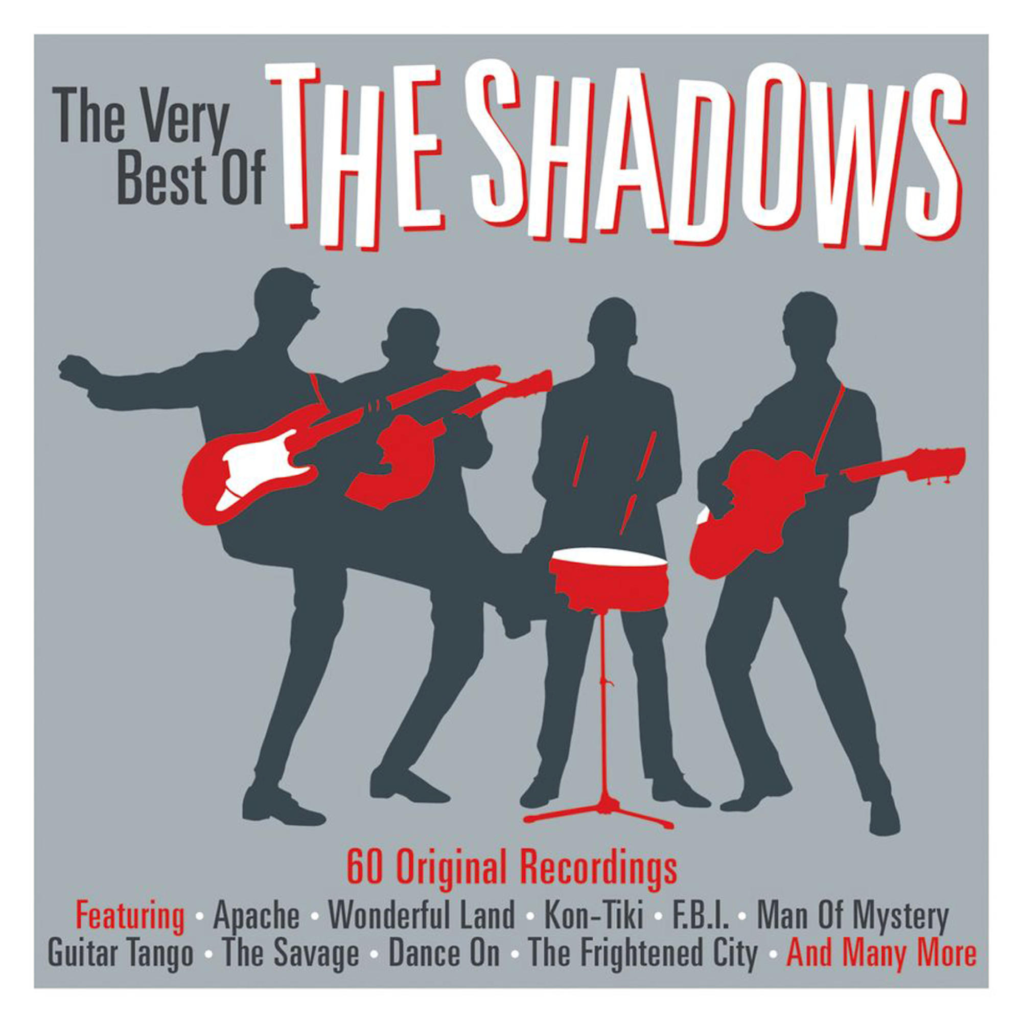 Albumcover, The Shadows, Silhouetten von Musikern, rote Gitarren und Schlagzeug, grauer Hintergrund.