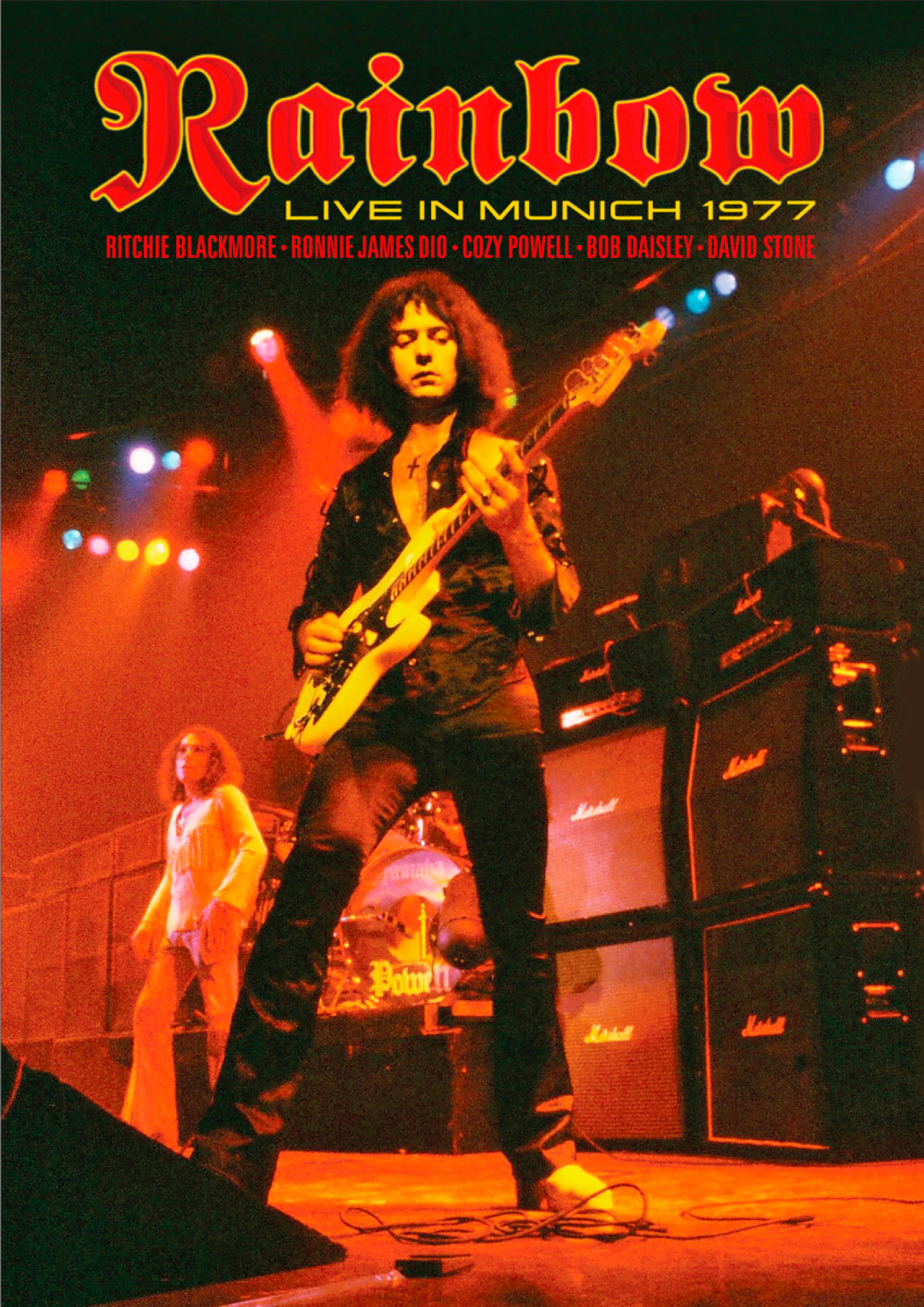 Albumcover von Rainbow mit Live-Performance-Foto und Bandmitgliedern.