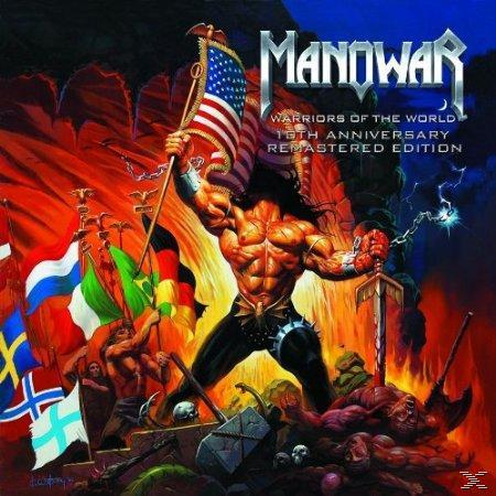 Albumcover: Muskelbepackter Mann hält US-Flagge, umgeben von Flaggen und Figuren. Text: Manowar.