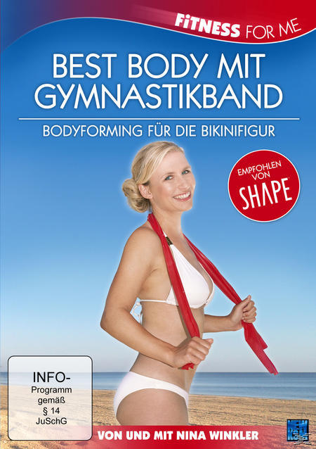 DVD-Cover: Frau im Bikini hält rotes Band. Text: 'Best Body mit Gymnastikband'.