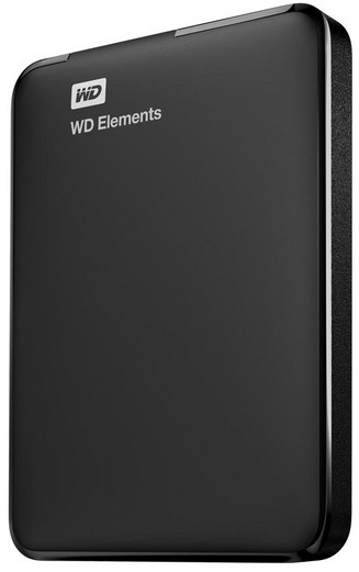 Zwarte externe harde schijf WD Elements, glanzende afwerking, met WD-logo, op witte achtergrond.