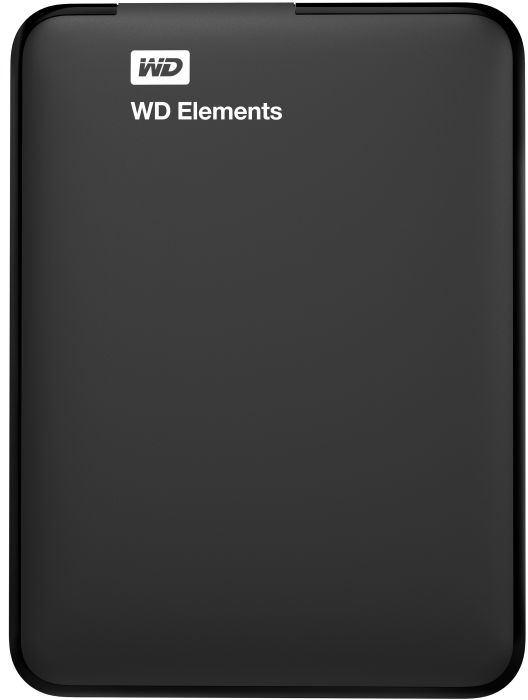 Zwarte harde schijf. Tekst: WD Elements, WD-logo.