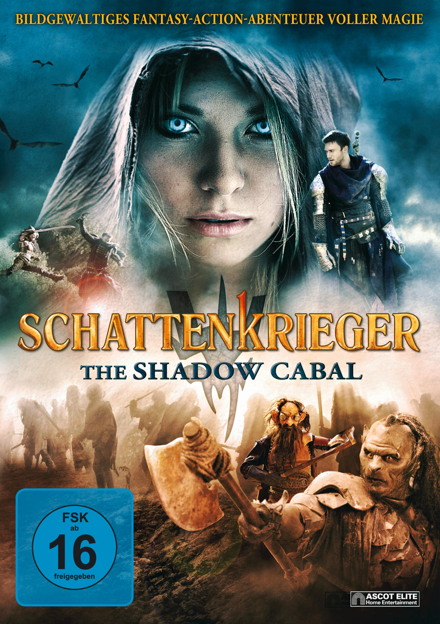 Filmposter für 'Schattenkrieger'. Ein Frauengesicht und Krieger sind zu sehen, mit Wald und Drachen.