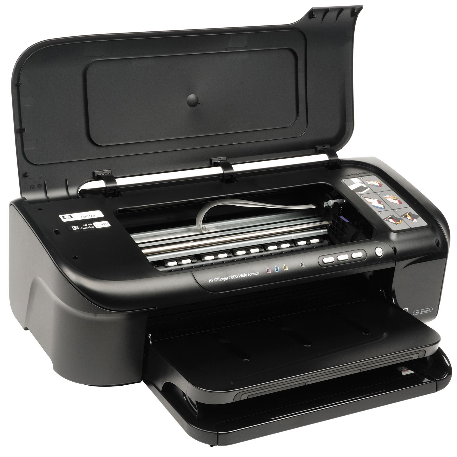 Açık kapağı ve tepsisi olan siyah bir HP Officejet 7000 Wide Format yazıcı.