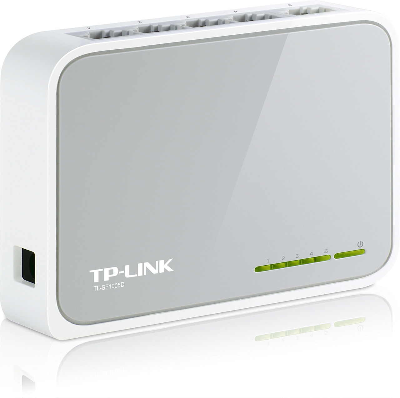 Beş numaralı ışık ve bir güç düğmesi olan beyaz ve gri bir TP-Link anahtarı.