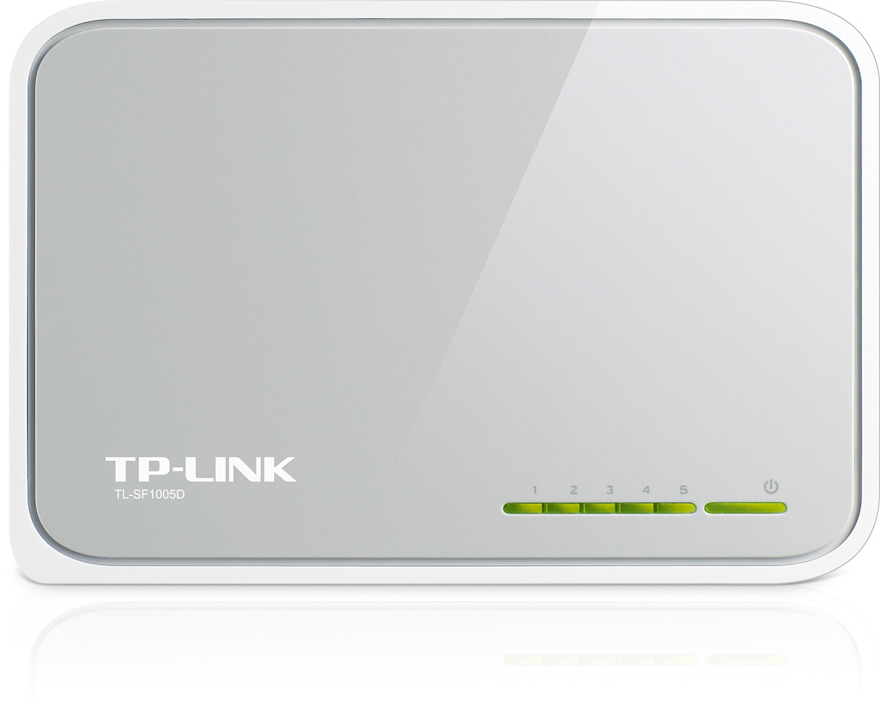 Önünde 5 yeşil ışık bulunan beyaz TP-LINK ağ anahtarı.