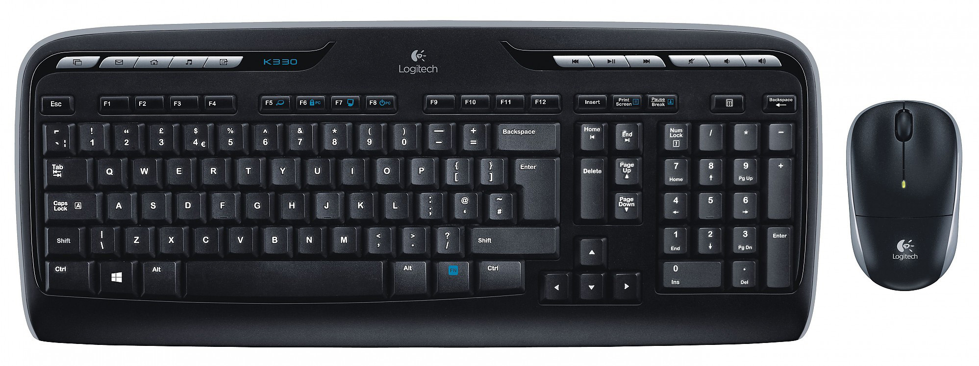 Siyah klavye ve fare seti. Logitech markası, siyah tuşlar ve gövde.