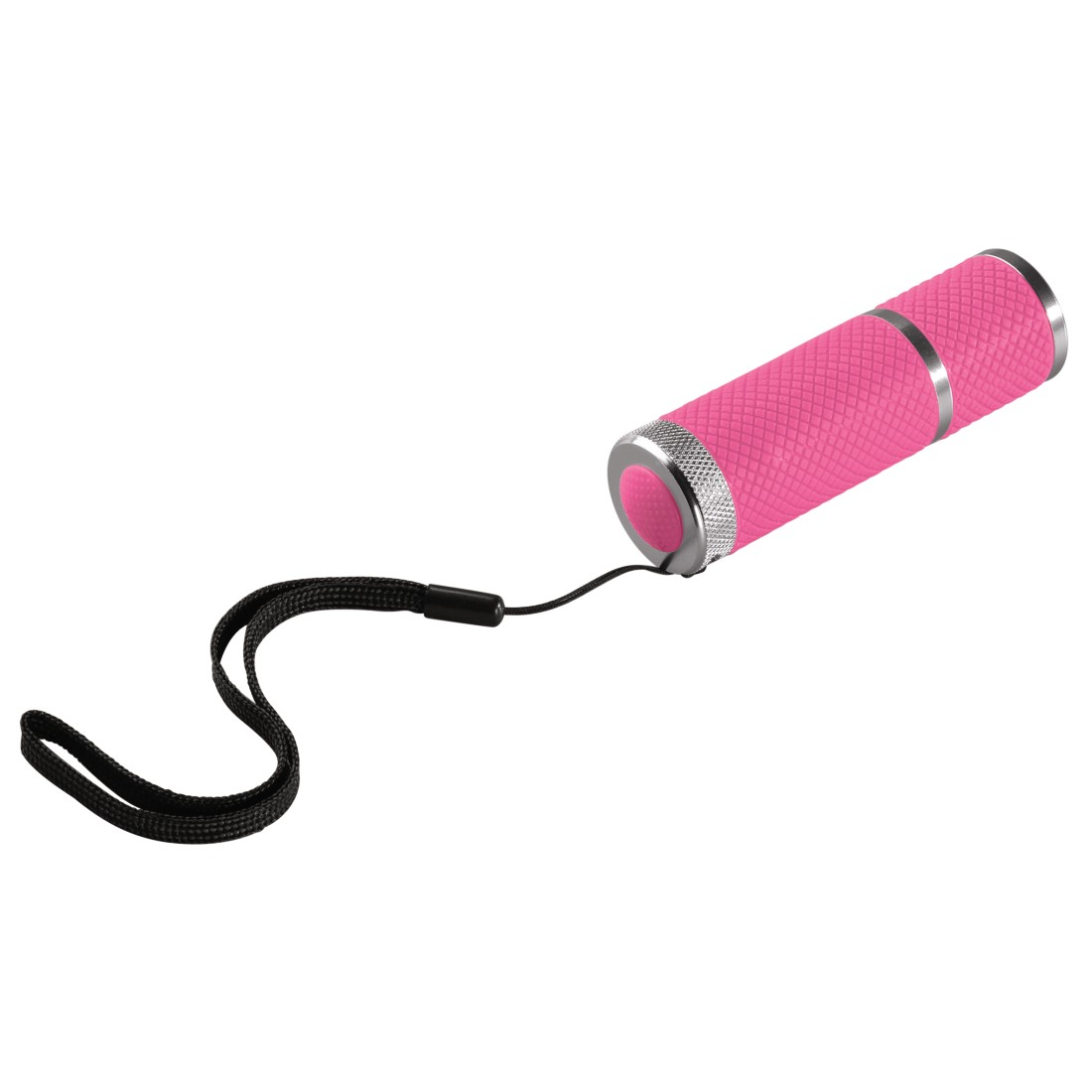 Eine pinkfarbene Taschenlampe mit schwarzem Riemen auf weißem Hintergrund.