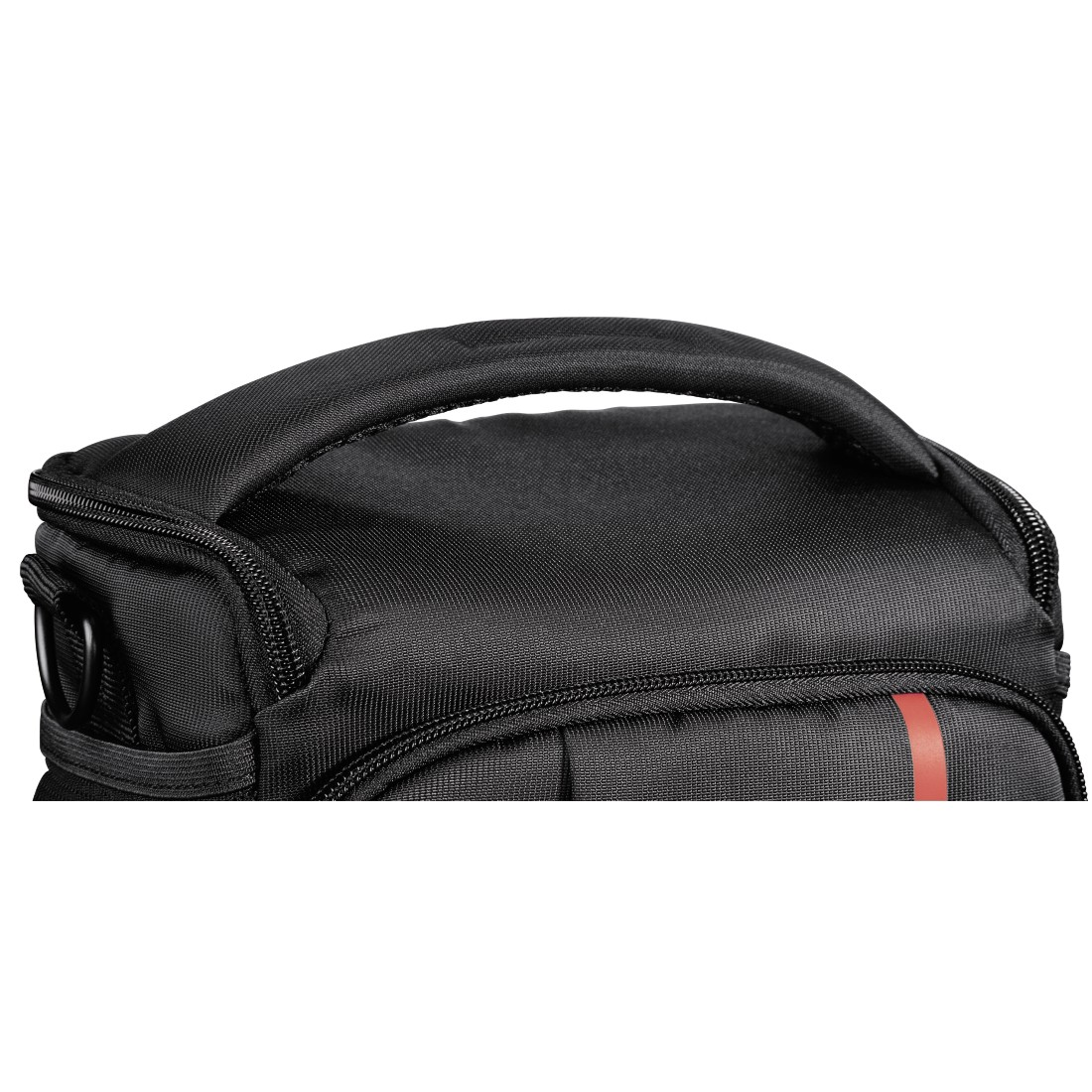 Black camera bag with a padded handle and a red stripe.