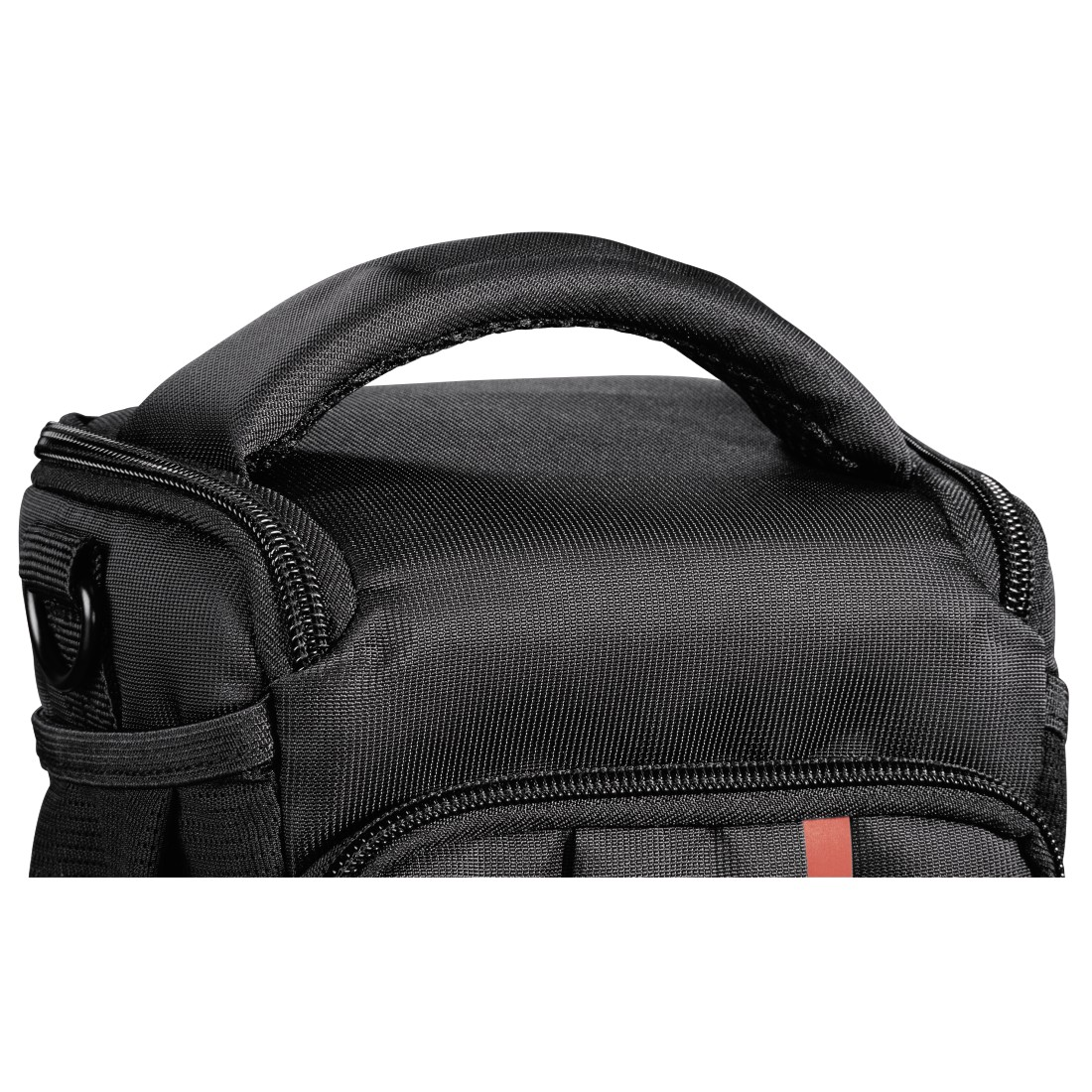 Close-up of a black bag handle with a zipper. There is a small red stripe on the side.