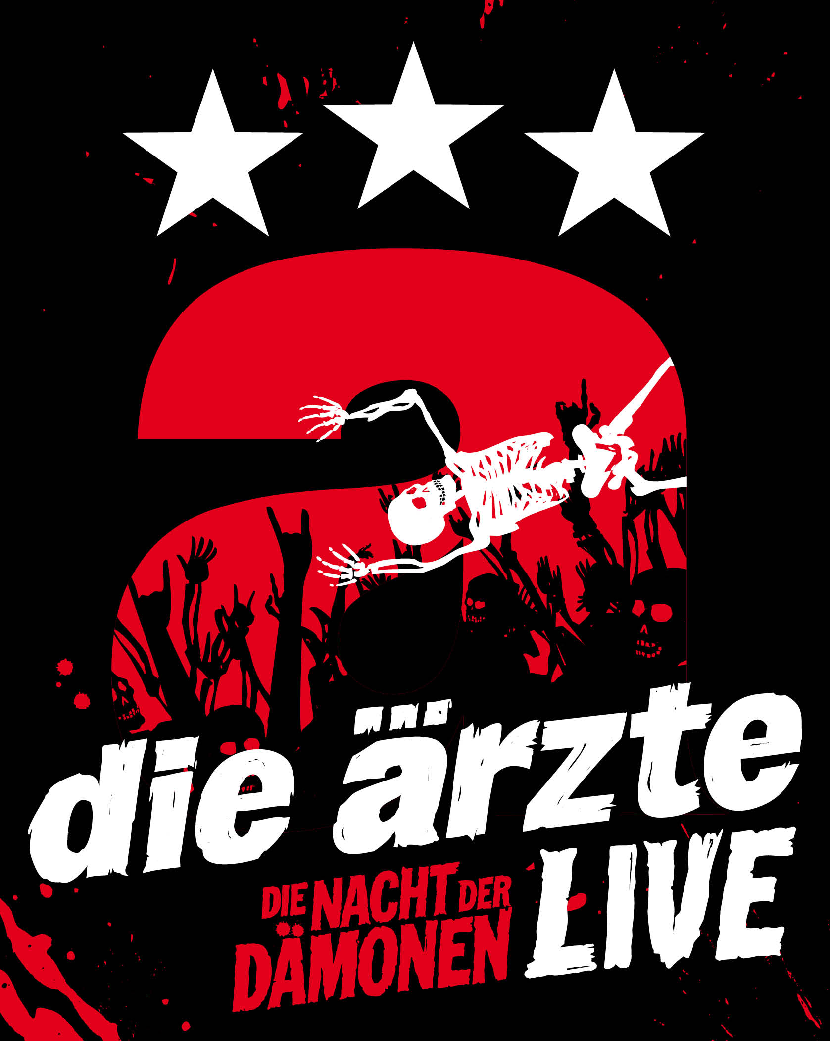 Albumcover für 'Die Ärzte', ein Skelett in einer Menge mit Sternen und dem Bandlogo.