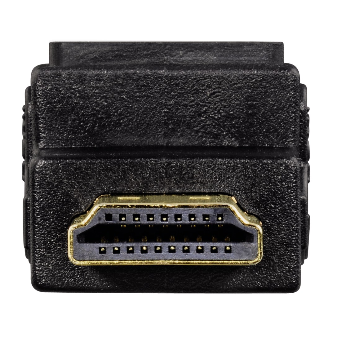 Zbliżenie czarnego złącza HDMI ze złotym złączem wewnętrznym.