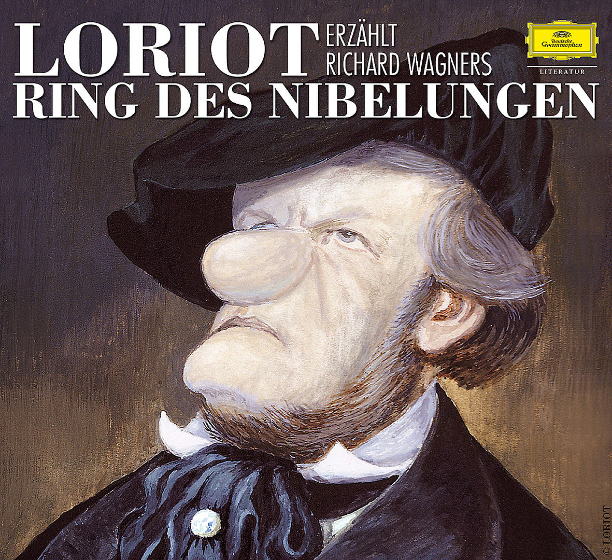 Cartoon-Porträt eines Mannes mit großer Nase und Hut, Albumcover-Kunst.