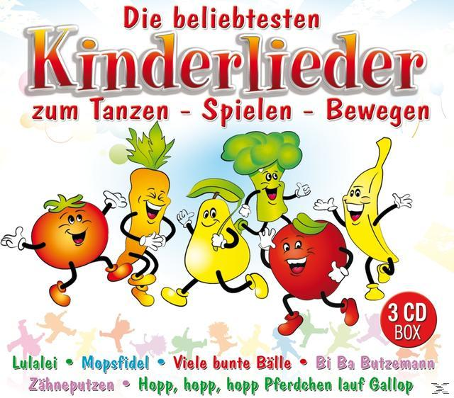 CD-Cover: Cartoon-Gemüse tanzt. Titel 'Kinderlieder'. Farben: rot, gelb, grün.