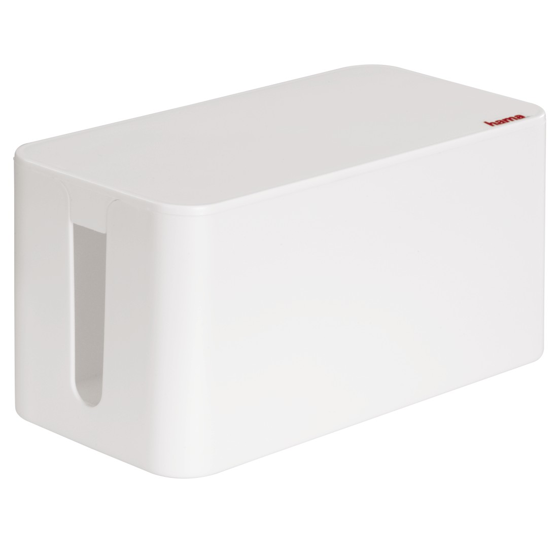 Weiße Kabelbox mit einem Schlitz auf der linken Seite und dem Markennamen "hama" in Rot oben rechts.