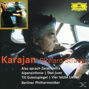 Albumcover: Mann in einem Auto. Text: Karajan, Richard Strauss. Gelbes Deutsche Grammophon-Logo.