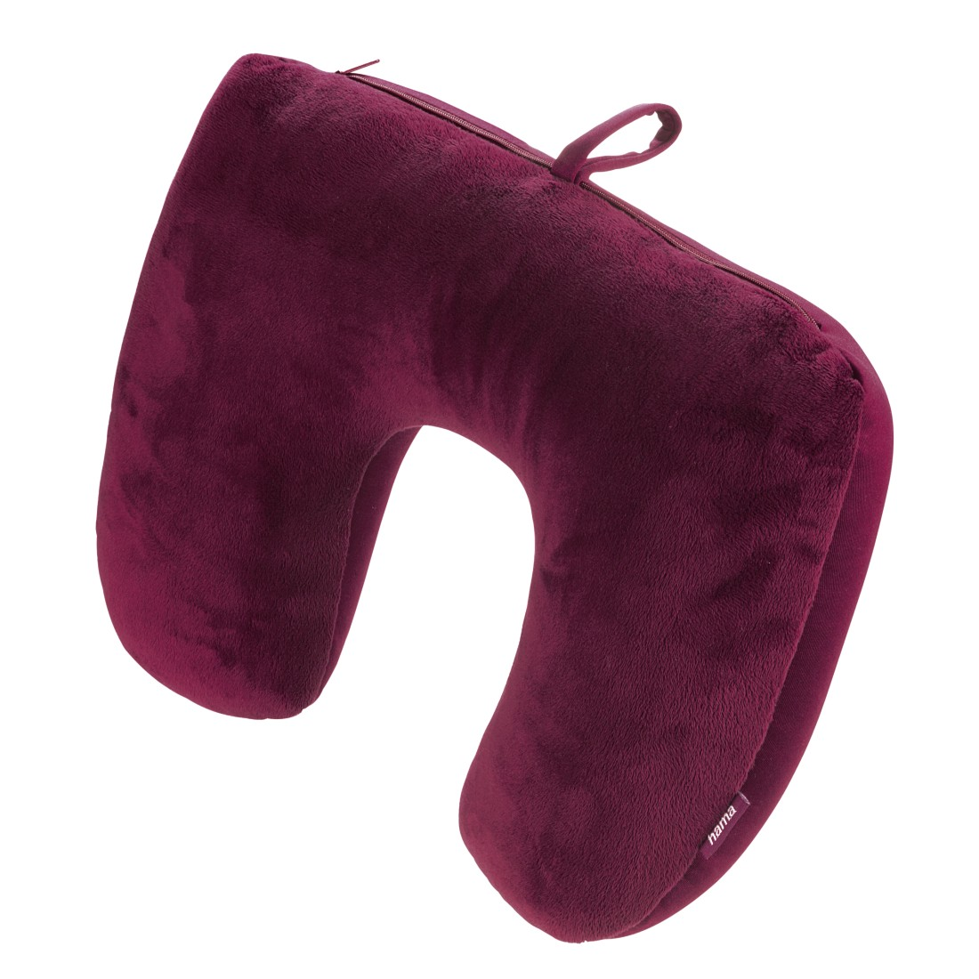 Cuscino da collo viola con cerniera e asola su sfondo bianco.