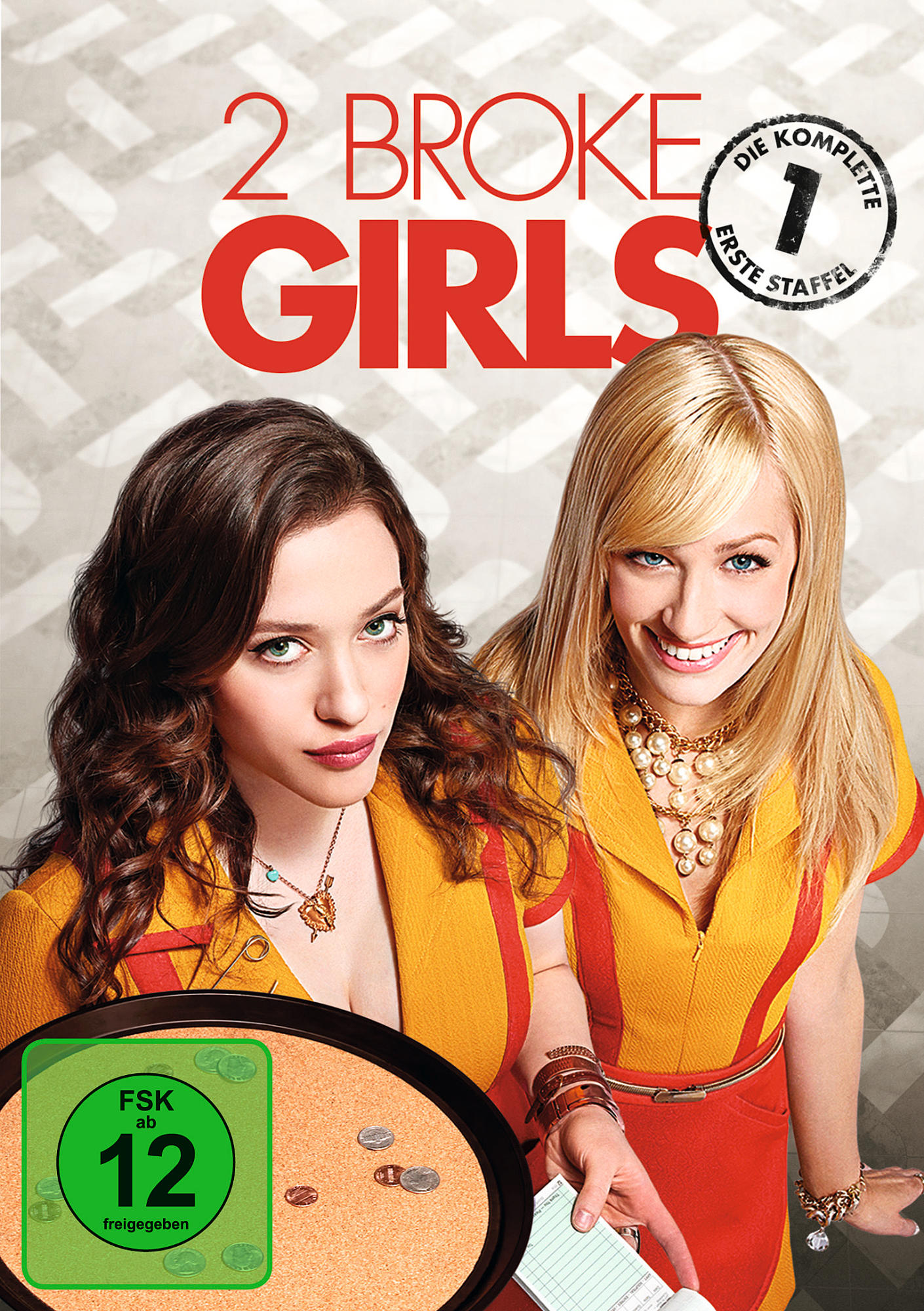 Cover der Fernsehserie '2 Broke Girls', mit zwei Frauen in Diner-Uniformen und einem Münztablett.