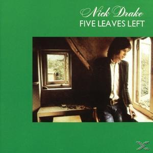 Albumcover mit einem Mann, der in einem Raum aus einem Fenster schaut. Der Text lautet "Nick Drake FIVE LEAVES LEFT".