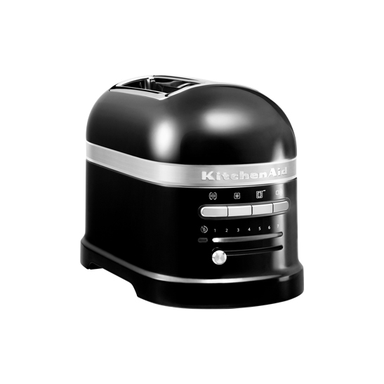 Schwarzer KitchenAid Toaster. Er hat ein Bedienfeld mit nummerierten Einstellungen und Tasten. Silberne Zierleiste vorhanden.