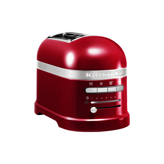Roter KitchenAid Toaster mit Bedienelementen und einem Metallstreifen.