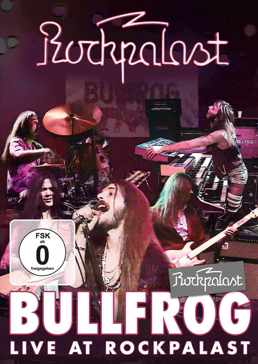 Live-Musik-DVD-Cover. Band performt auf der Bühne. Titel 'BULLFROG LIVE at ROCKPALAST' sichtbar.