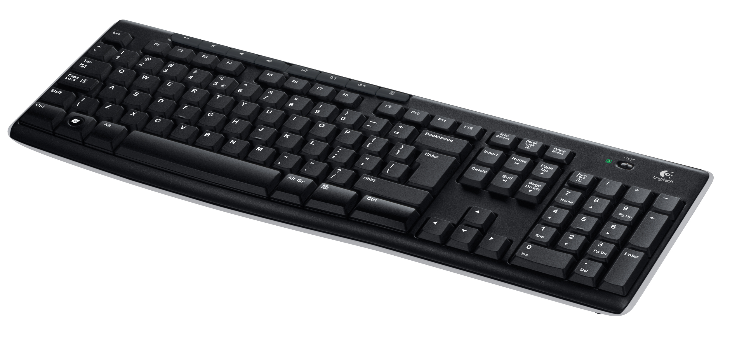 Eine schwarze Tastatur auf weißem Hintergrund. Tasten sind beschriftet. Sie ist schräg gestellt.