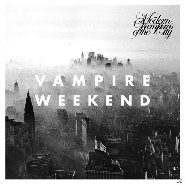 Schwarz-Weiß-Bild einer Skyline, mit 'Vampire Weekend' Text in Weiß.