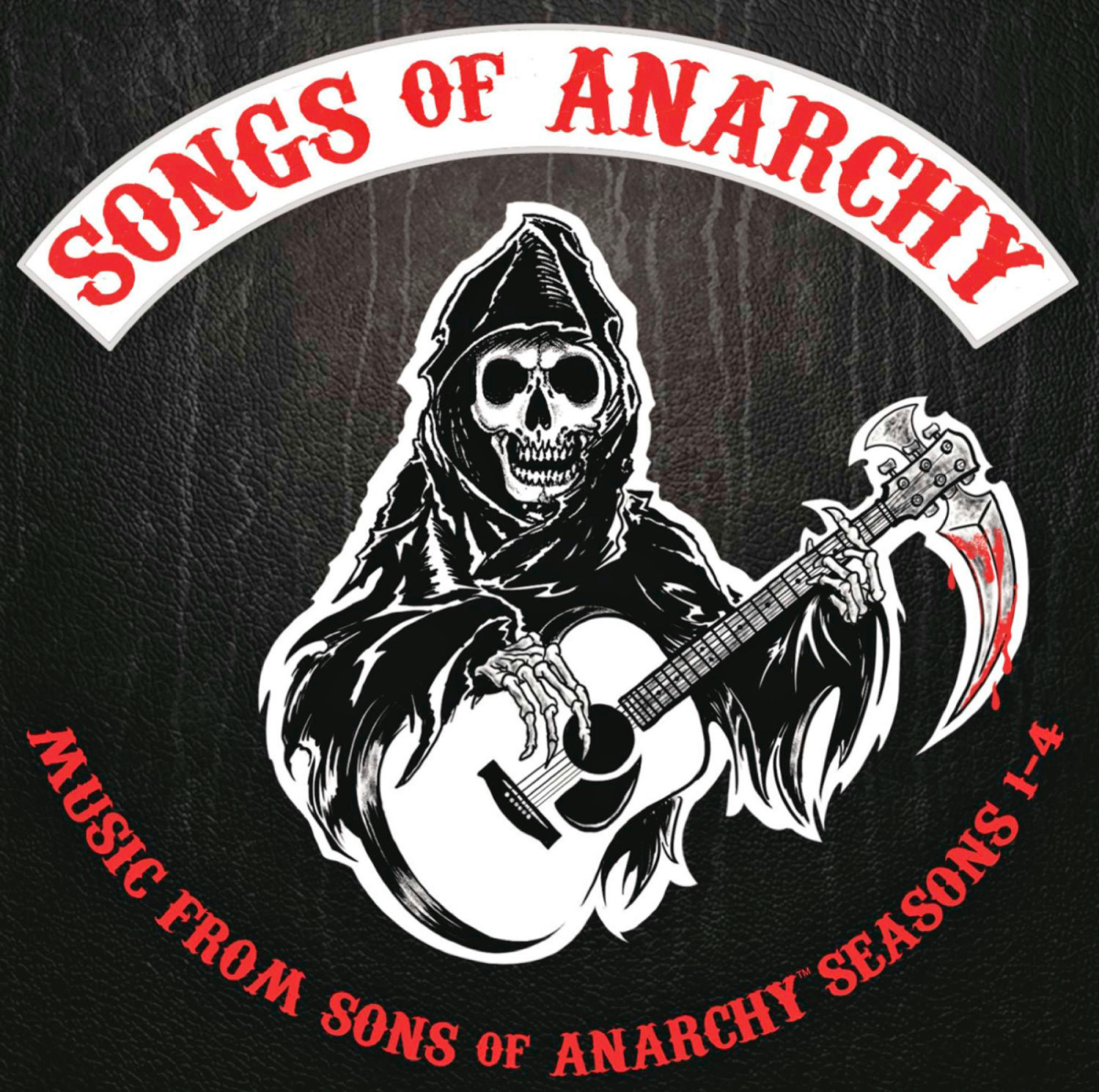 Songs of Anarchy Albumcover mit einem Totenkopf, der Gitarre spielt. Roter Text auf schwarzem Leder.