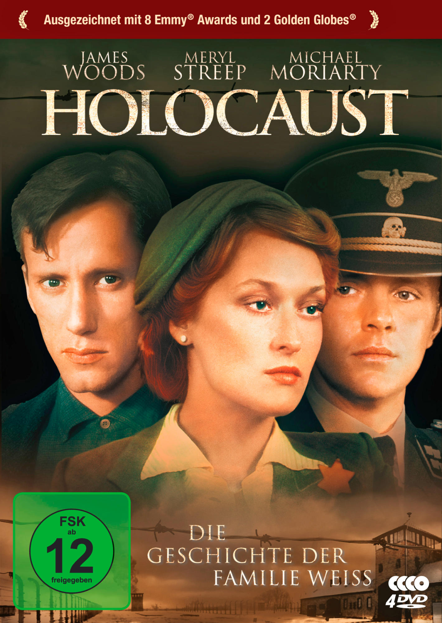 DVD-Cover: Drei Personen auf dunklem Hintergrund. Text: 'Holocaust'. 'Die Geschichte der Familie Weiss'.