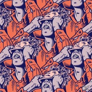 Wiederholende Illustration. Figuren halten Visiere vor ihre Augen. Orange Jacken, blauer Hintergrund.