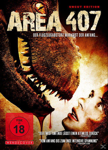 DVD-Cover von 'Area 407', mit dem Gesicht eines Dinosauriers und dem erschrockenen Gesicht einer Frau.