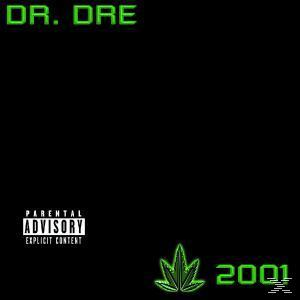 Schwarzes Albumcover. Dr. Dre Titel in Grün, grüne Cannabisblatt-Grafik und "2001".