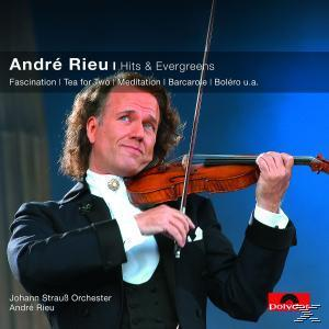 André Rieu mit einer Geige, in formeller Kleidung. Text: Hits & Evergreens.