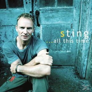 Album borító Stinggel, kék inget viselve, egy kék ajtónál ülve, a cím 'All This Time'.