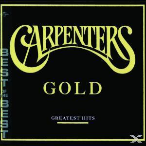 Carpenters Gold Albumcover. Goldener Text auf schwarzem Hintergrund. Best of the Best Text wird angezeigt.