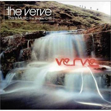 The Verve This Is Music: The Singles 92-98 Albumcover. Ein Wasserfall im Vordergrund, mit Bandnamen.